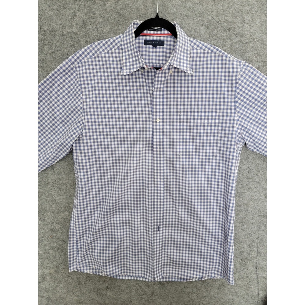 Tommy Hilfiger Mens Long Sleeve Dress Shirt 16.5 32-33 Regular Fit Blue Gingham